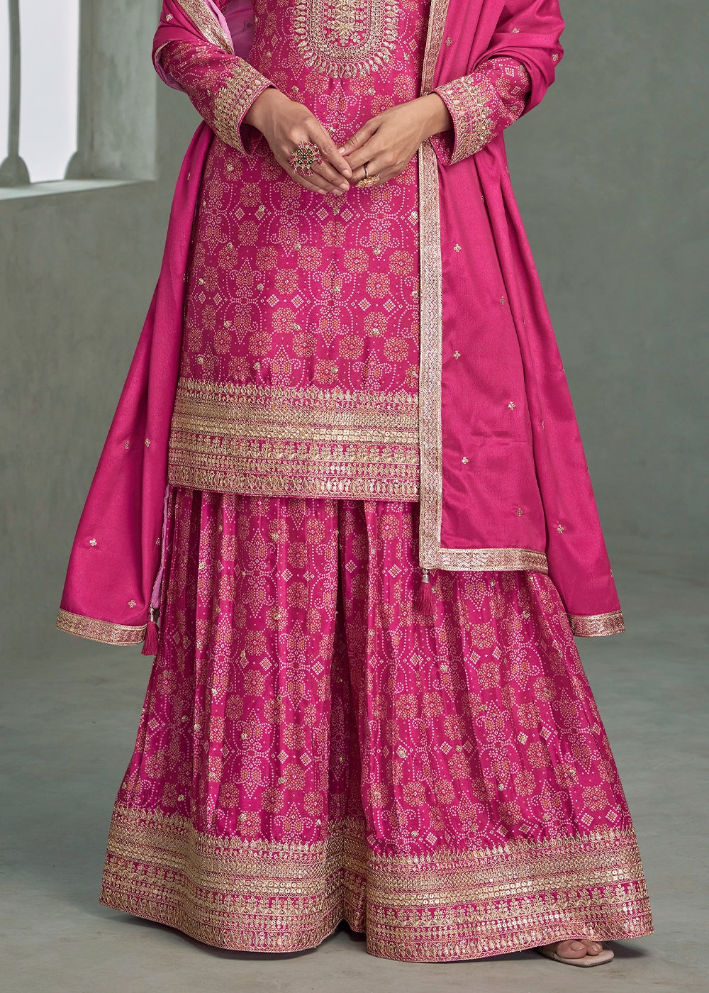 Deep Pink Embroidered Palazzo Suit in Chinon Silk Fabric