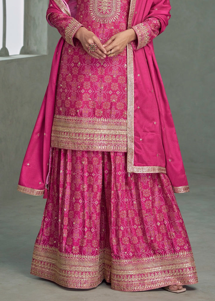 Deep Pink Embroidered Palazzo Suit in Chinon Silk Fabric