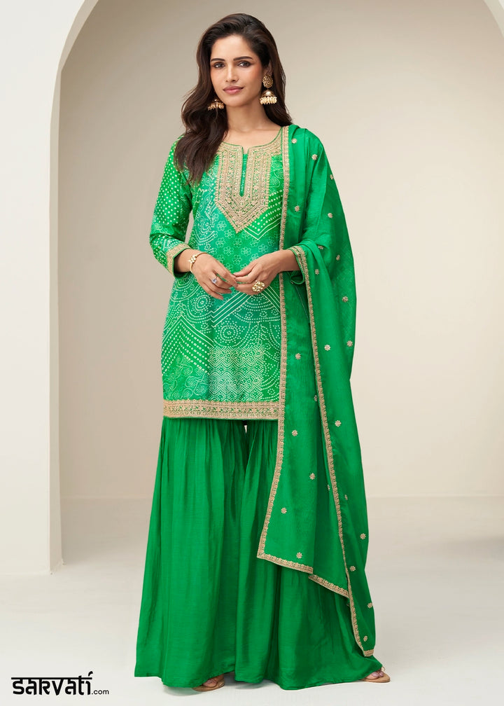 Parakeet Green Printed Chinon Silk Palazzo Set with Embroidered Kurta