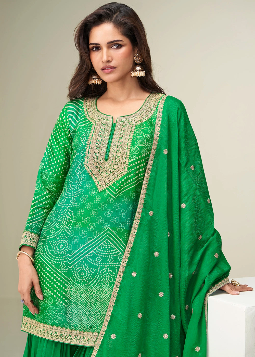 Parakeet Green Printed Chinon Silk Palazzo Set with Embroidered Kurta