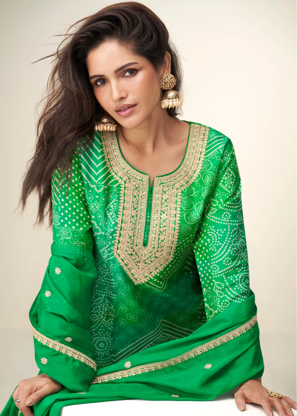 Parakeet Green Printed Chinon Silk Palazzo Set with Embroidered Kurta