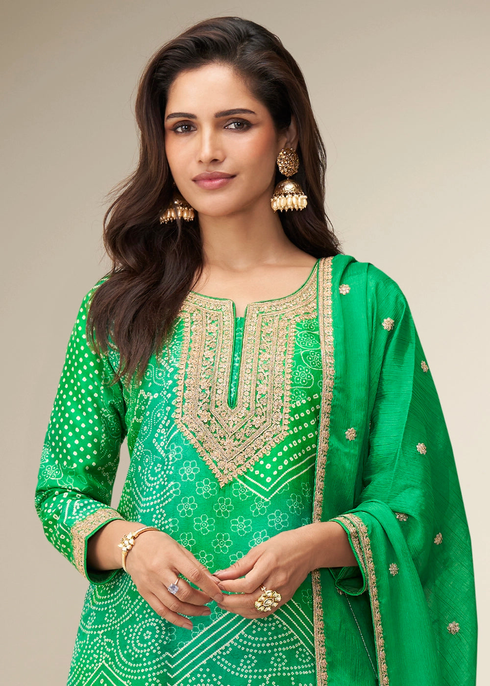 Parakeet Green Printed Chinon Silk Palazzo Set with Embroidered Kurta