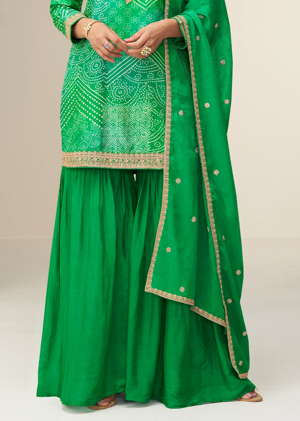Parakeet Green Printed Chinon Silk Palazzo Set with Embroidered Kurta