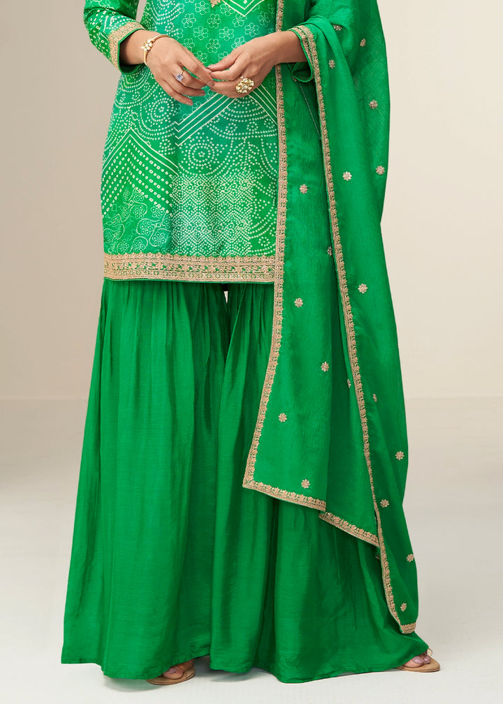 Parakeet Green Printed Chinon Silk Palazzo Set with Embroidered Kurta