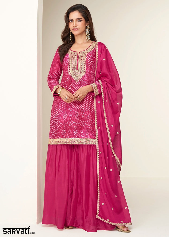 Strawberry Pink  Printed Chinon Silk Palazzo Set with Embroidered Kurta