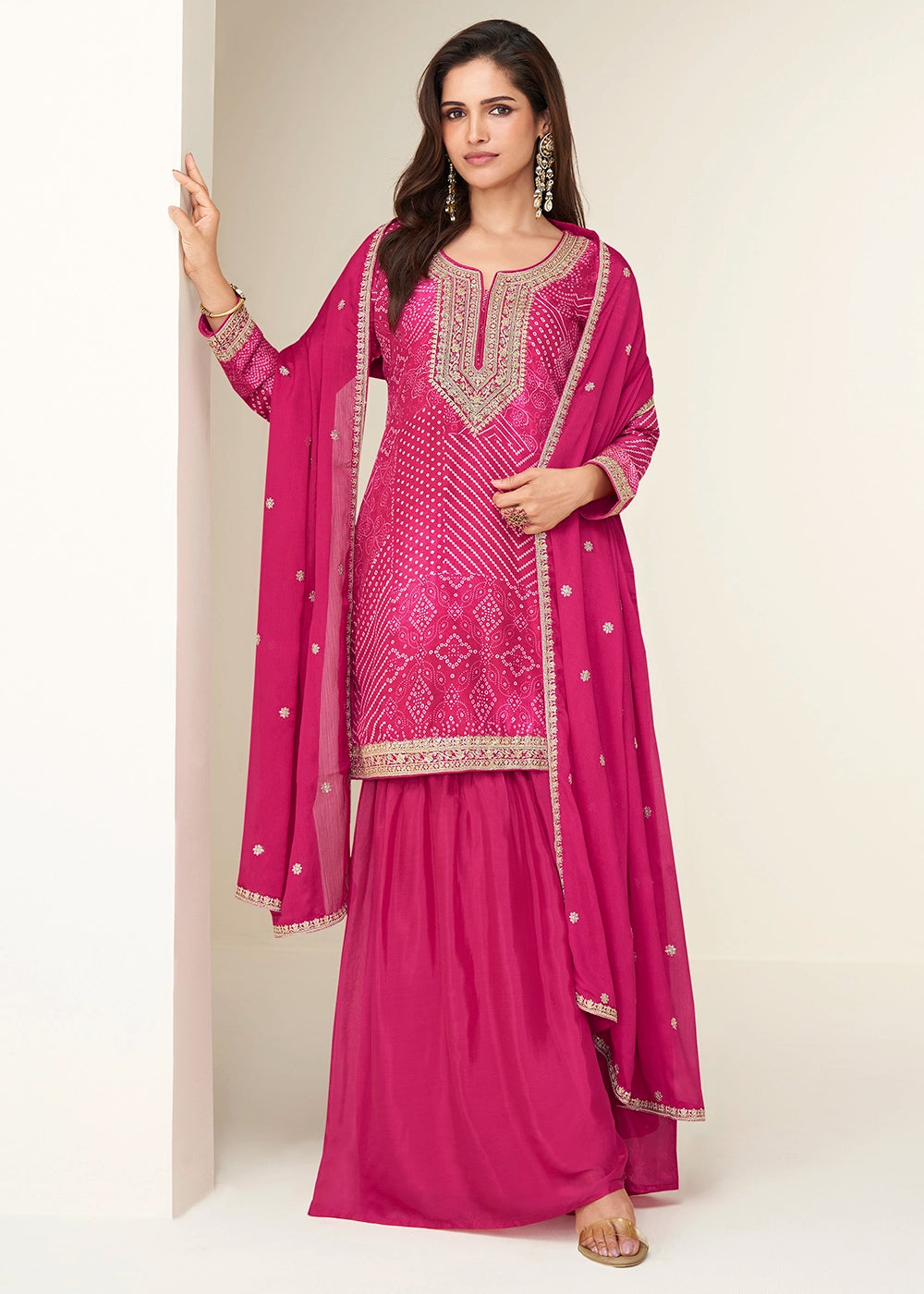 Strawberry Pink  Printed Chinon Silk Palazzo Set with Embroidered Kurta