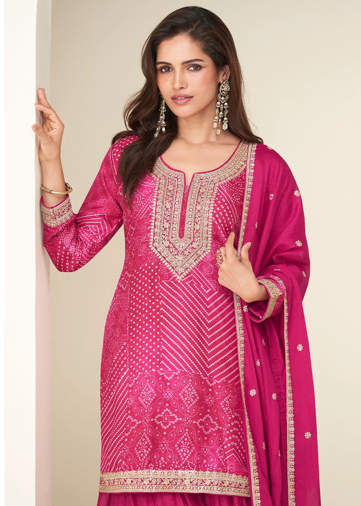 Strawberry Pink  Printed Chinon Silk Palazzo Set with Embroidered Kurta