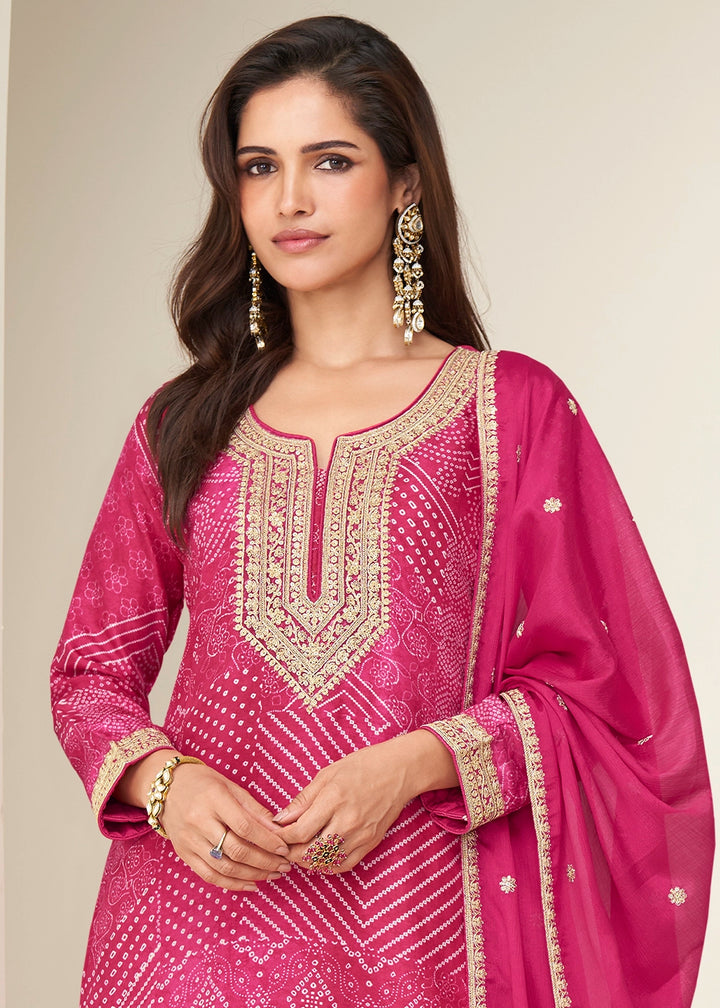 Strawberry Pink  Printed Chinon Silk Palazzo Set with Embroidered Kurta
