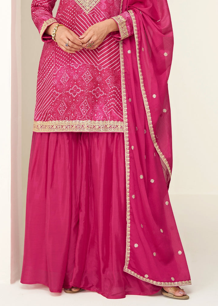 Strawberry Pink  Printed Chinon Silk Palazzo Set with Embroidered Kurta
