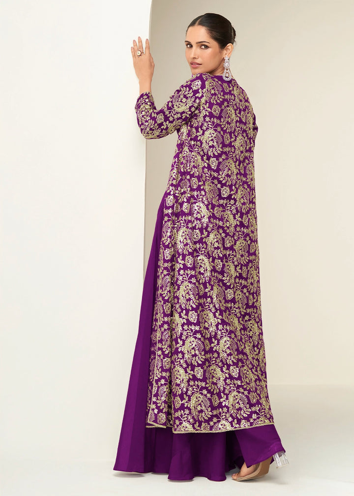 Plum Purple Chinon Silk Embroidered Long Jacket Palazzo Set