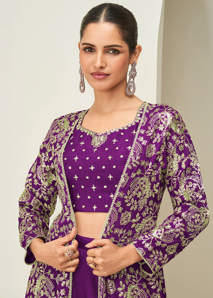 Plum Purple Chinon Silk Embroidered Long Jacket Palazzo Set