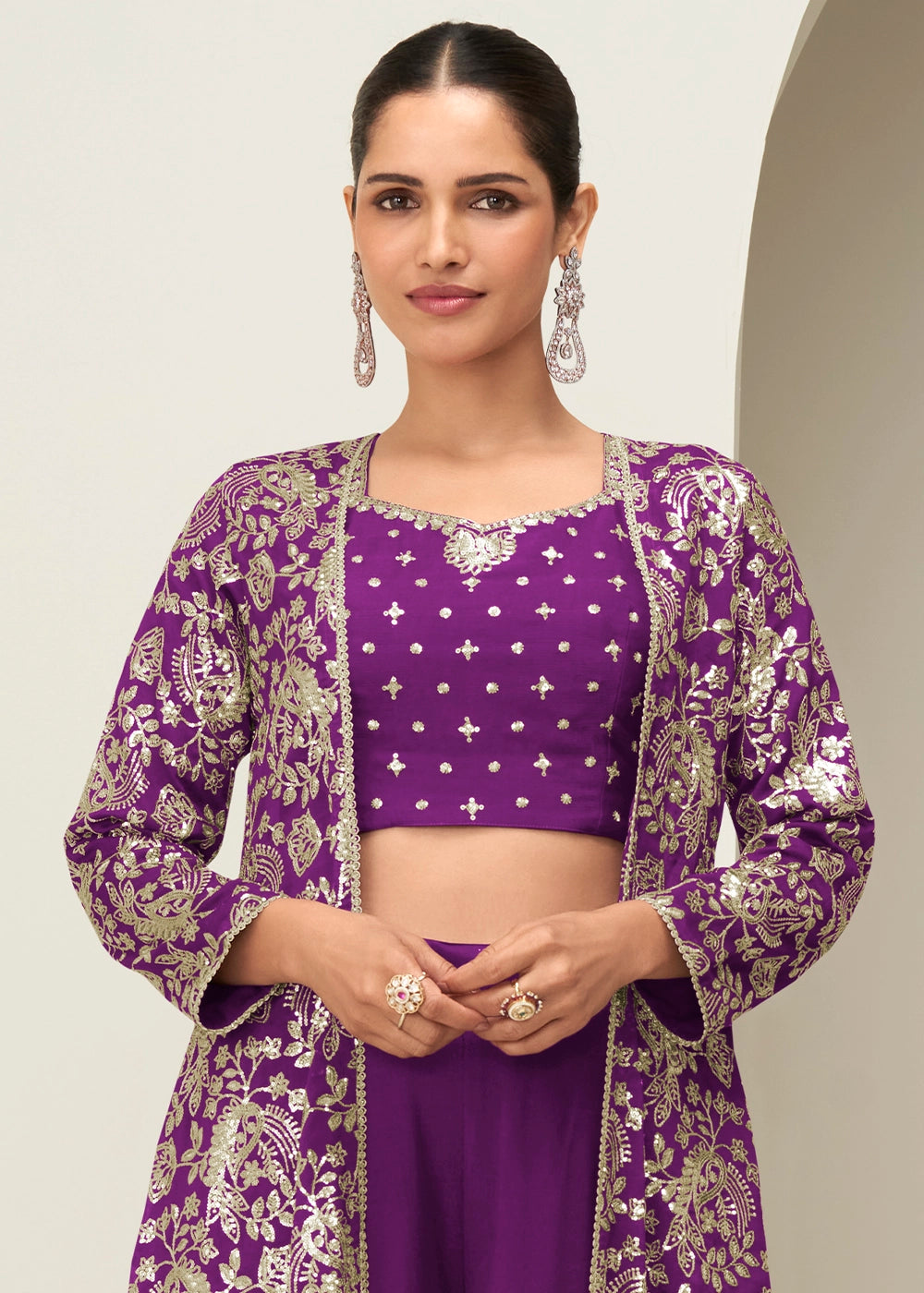 Plum Purple Chinon Silk Embroidered Long Jacket Palazzo Set
