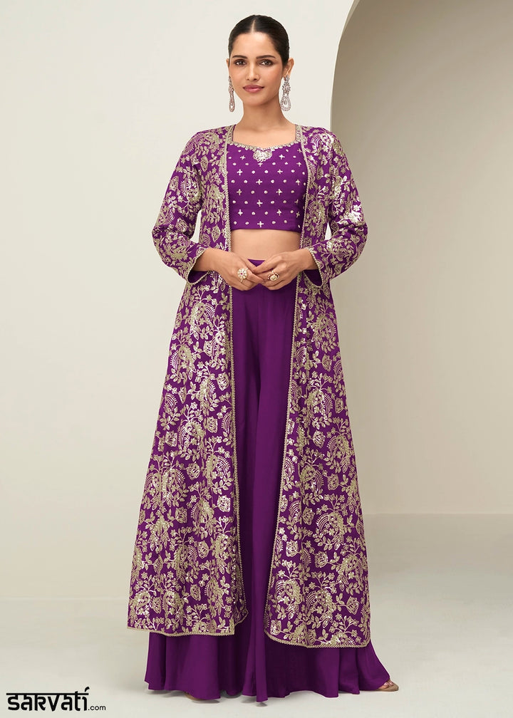 Plum Purple Chinon Silk Embroidered Long Jacket Palazzo Set
