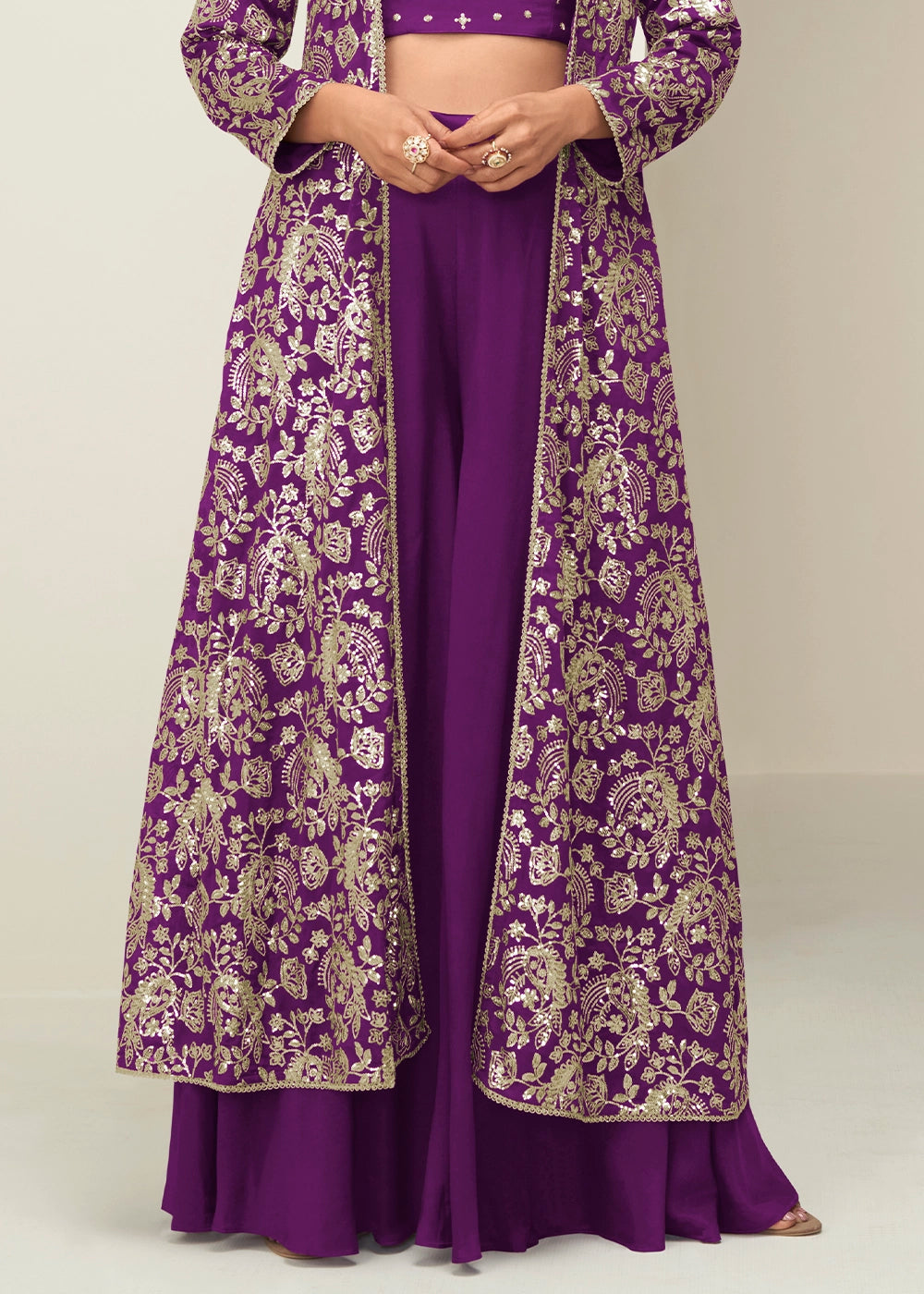 Plum Purple Chinon Silk Embroidered Long Jacket Palazzo Set