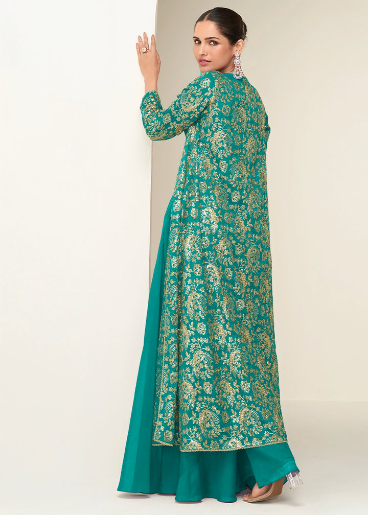 Dark Cyan Green Chinon Silk Embroidered Long Jacket Palazzo Set