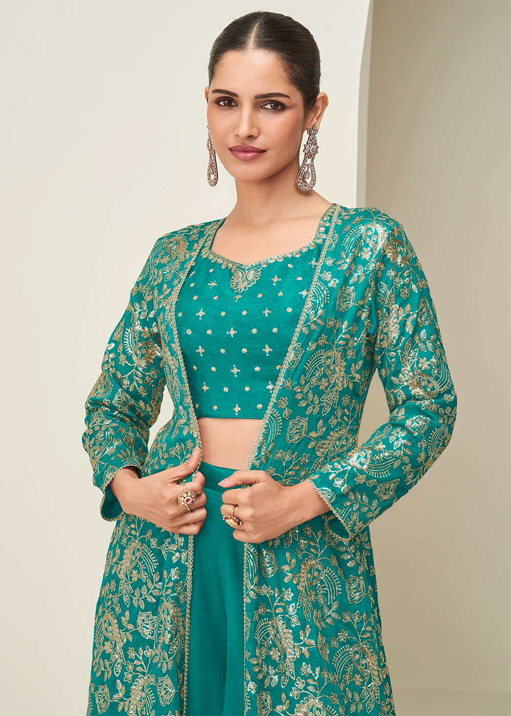 Dark Cyan Green Chinon Silk Embroidered Long Jacket Palazzo Set