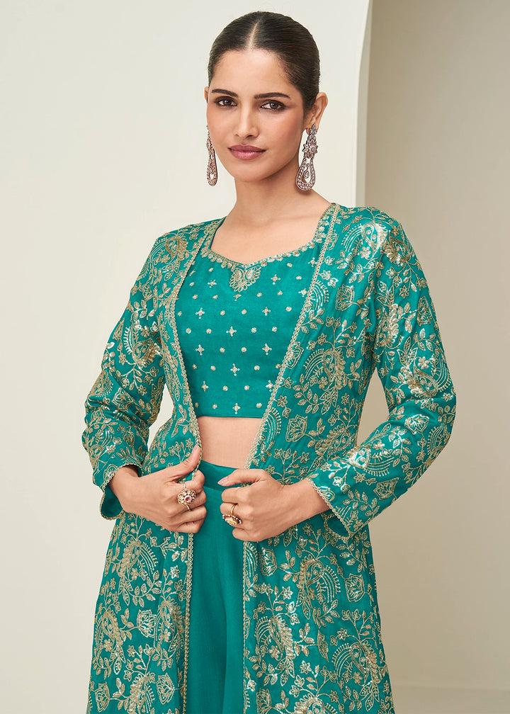 Dark Cyan Green Chinon Silk Embroidered Long Jacket Palazzo Set