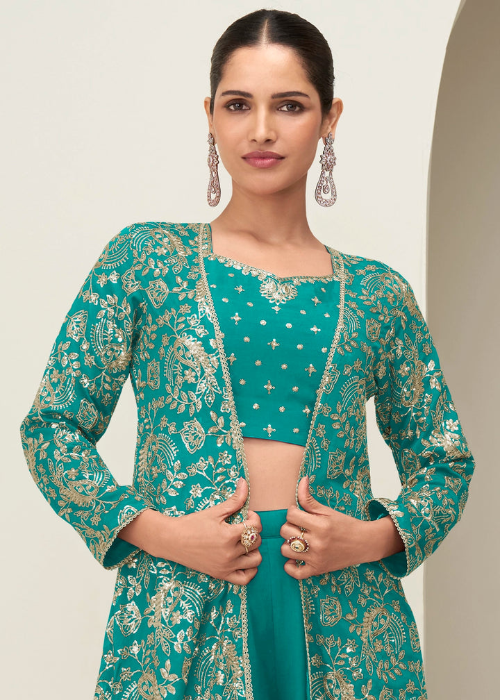 Dark Cyan Green Chinon Silk Embroidered Long Jacket Palazzo Set