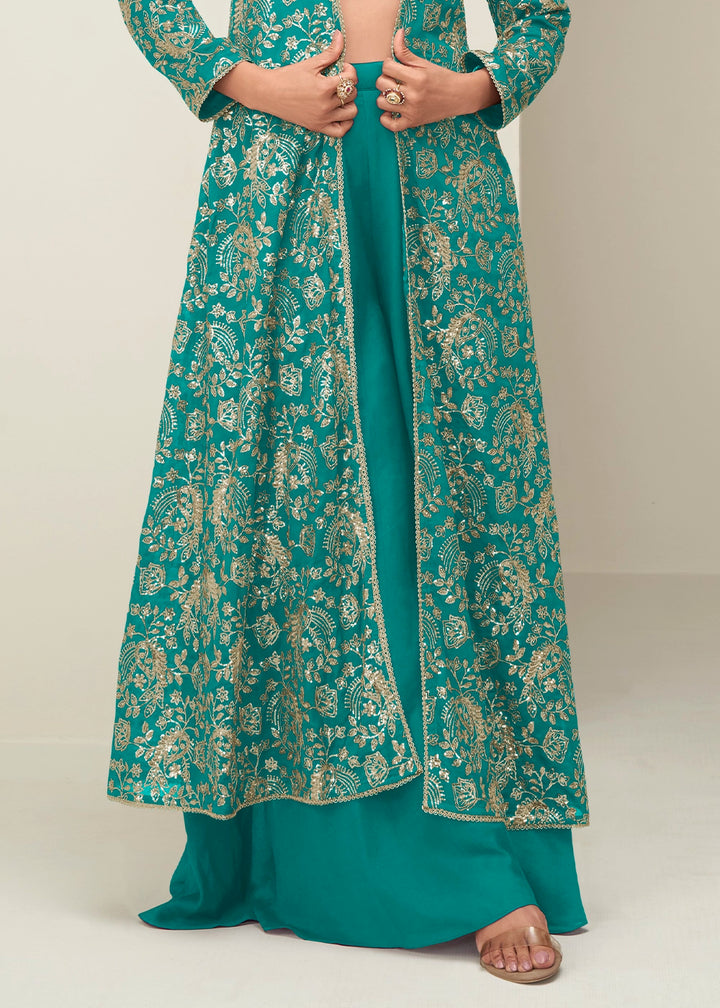 Dark Cyan Green Chinon Silk Embroidered Long Jacket Palazzo Set