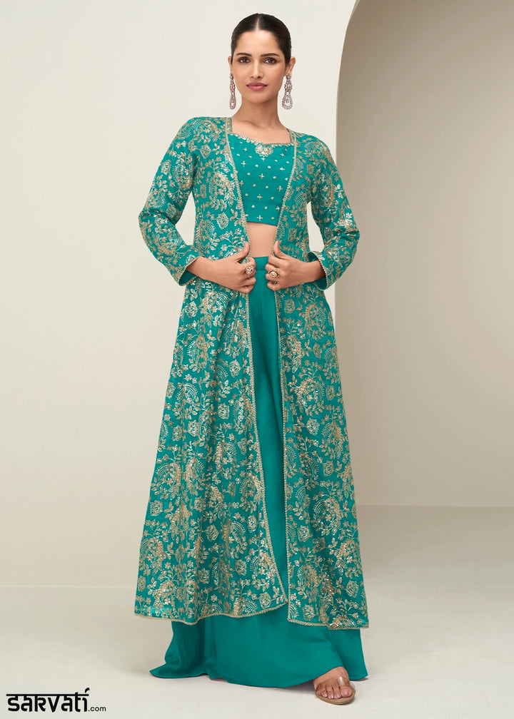 Dark Cyan Green Chinon Silk Embroidered Long Jacket Palazzo Set