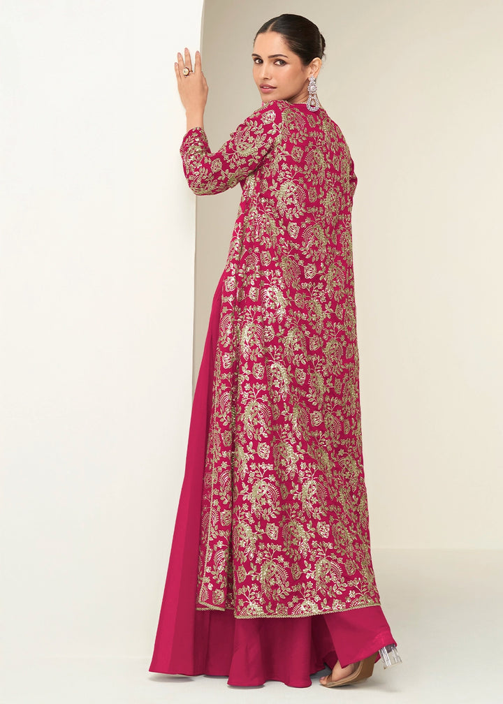 Ruby Pink Chinon Silk Embroidered Long Jacket Palazzo Set