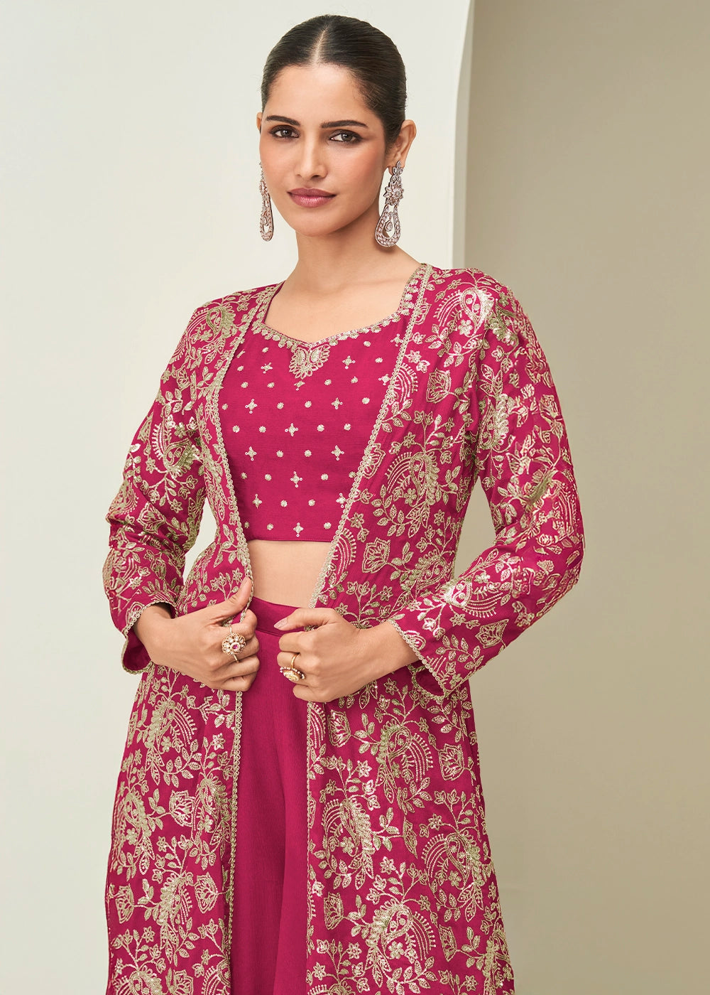 Ruby Pink Chinon Silk Embroidered Long Jacket Palazzo Set
