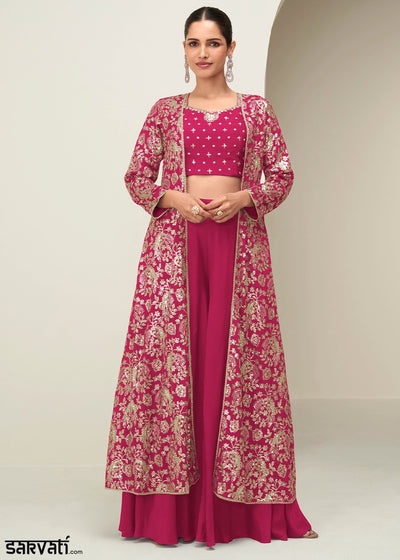 Ruby Pink Chinon Silk Embroidered Long Jacket Palazzo Set