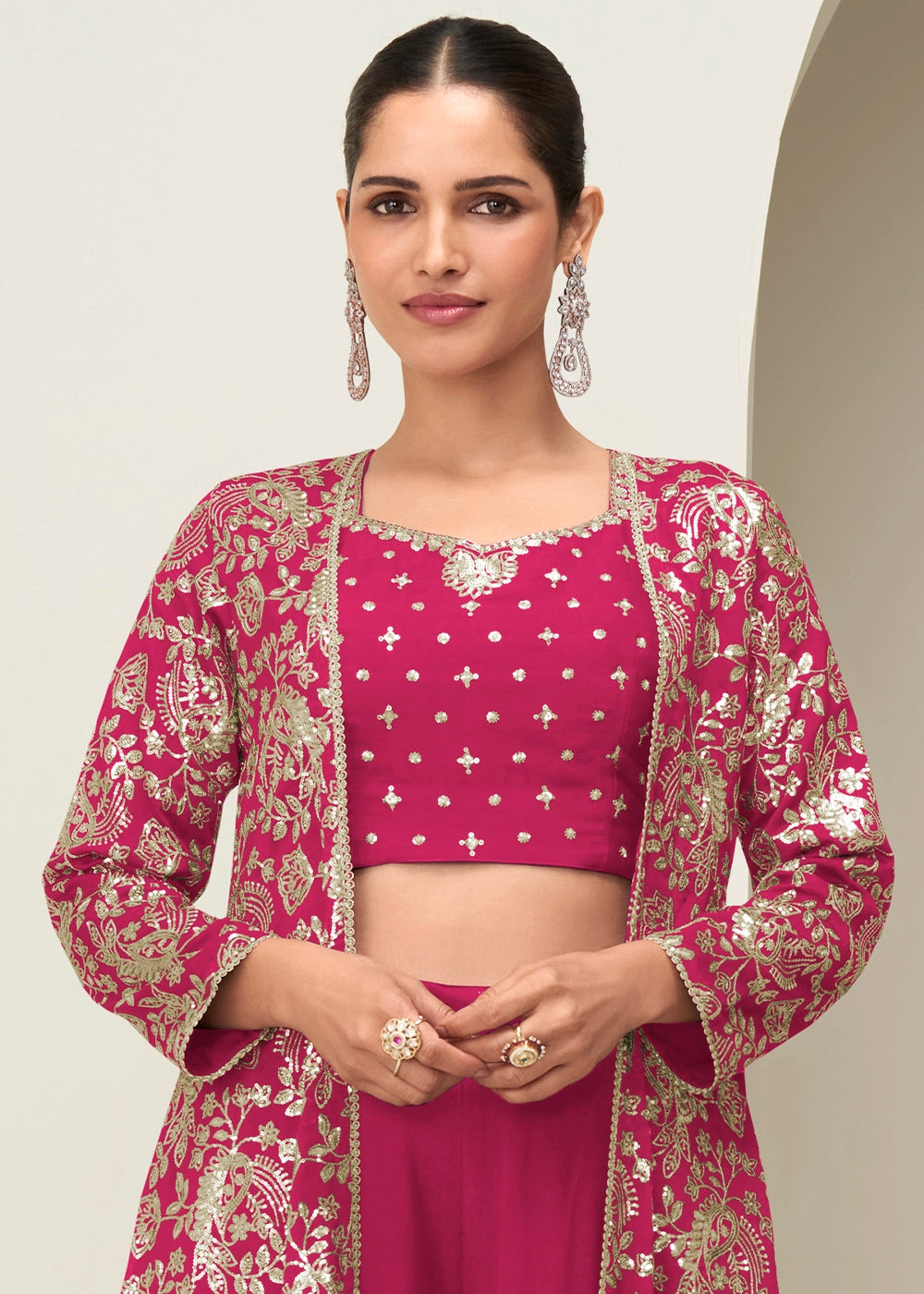 Ruby Pink Chinon Silk Embroidered Long Jacket Palazzo Set