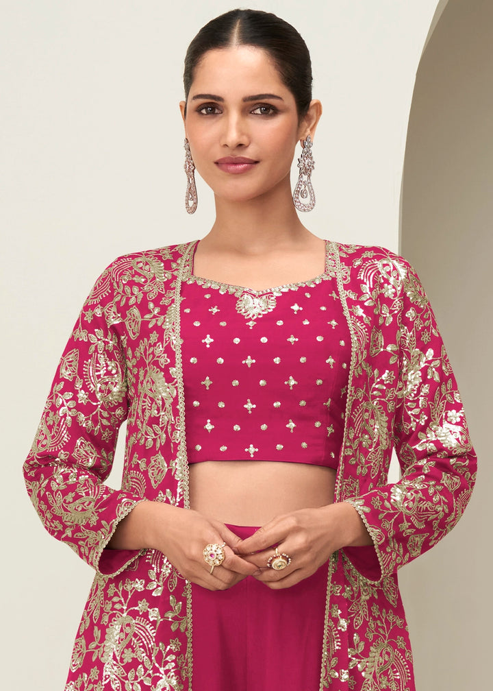Ruby Pink Chinon Silk Embroidered Long Jacket Palazzo Set