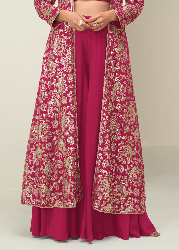 Ruby Pink Chinon Silk Embroidered Long Jacket Palazzo Set