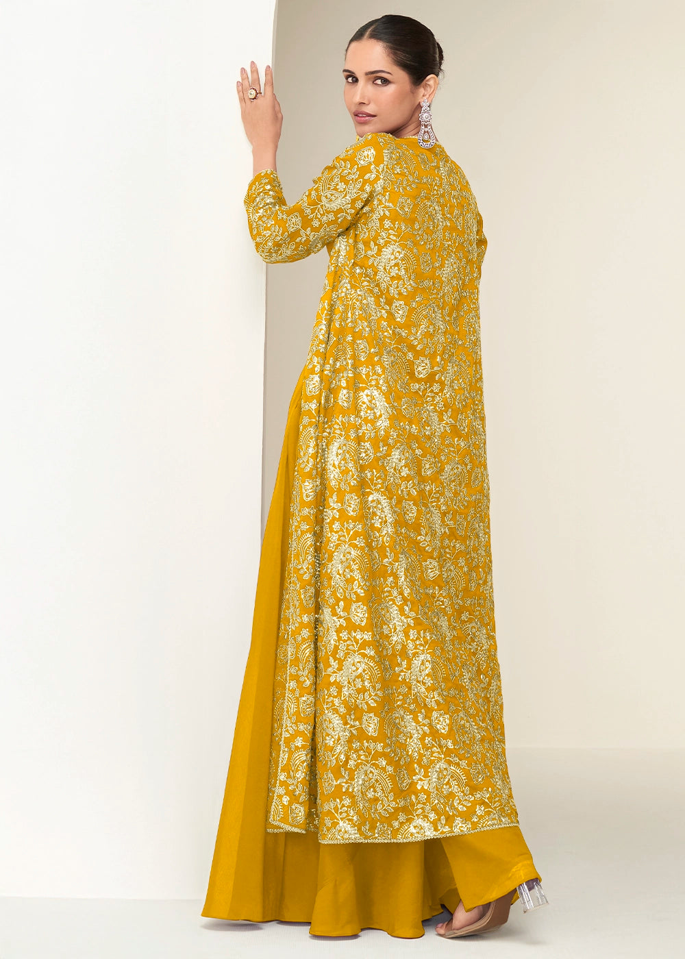 Mustard Yellow Chinon Silk Embroidered Long Jacket Palazzo Set