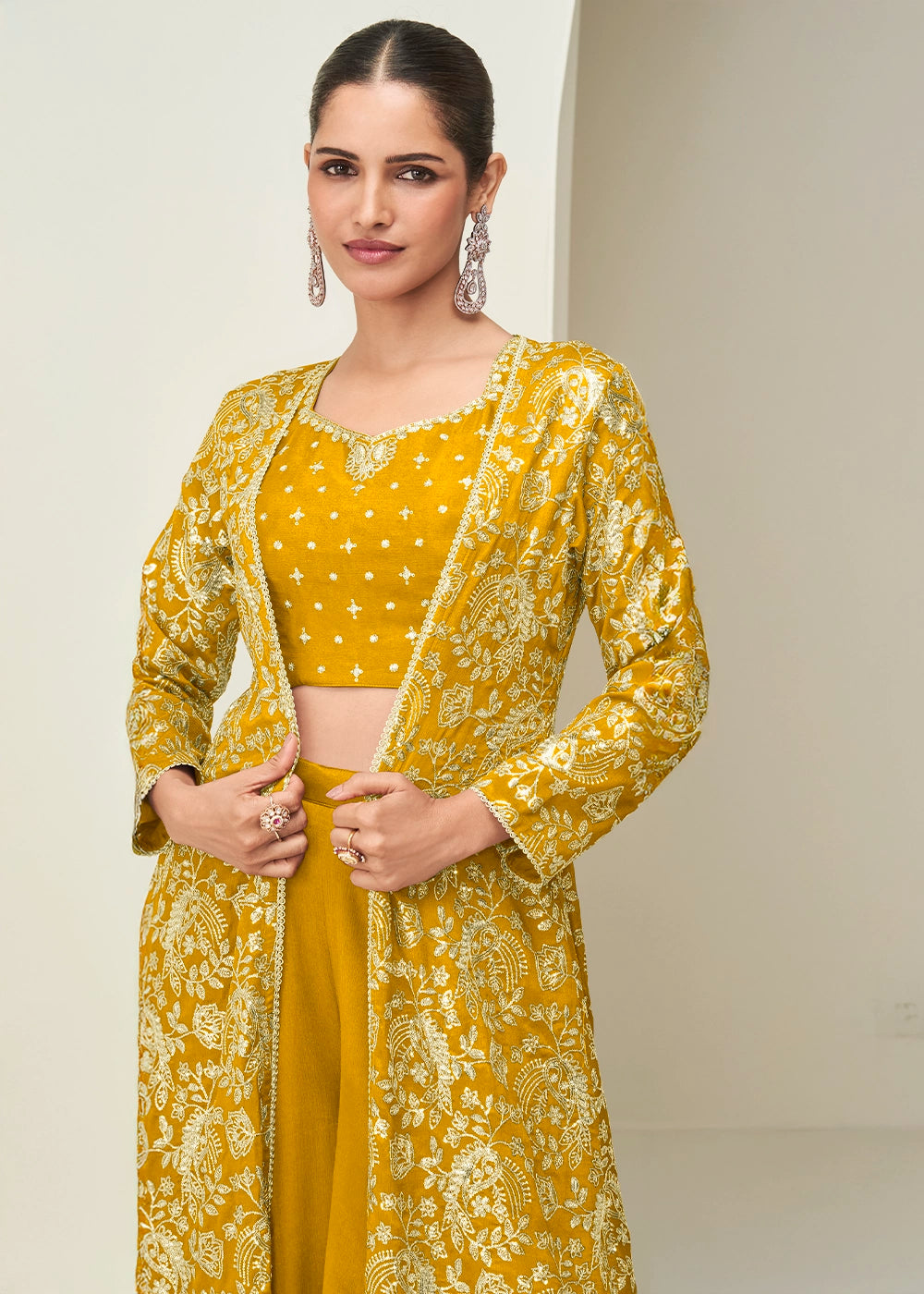 Mustard Yellow Chinon Silk Embroidered Long Jacket Palazzo Set