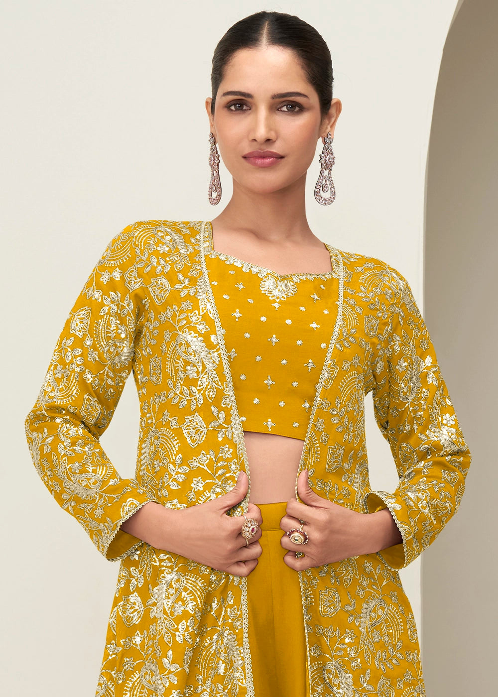Mustard Yellow Chinon Silk Embroidered Long Jacket Palazzo Set