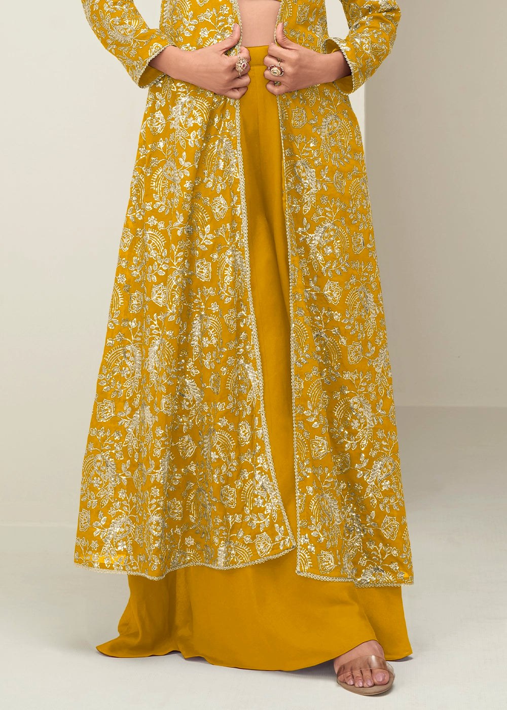 Mustard Yellow Chinon Silk Embroidered Long Jacket Palazzo Set