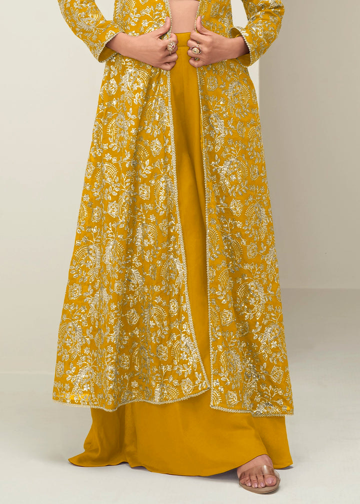 Mustard Yellow Chinon Silk Embroidered Long Jacket Palazzo Set