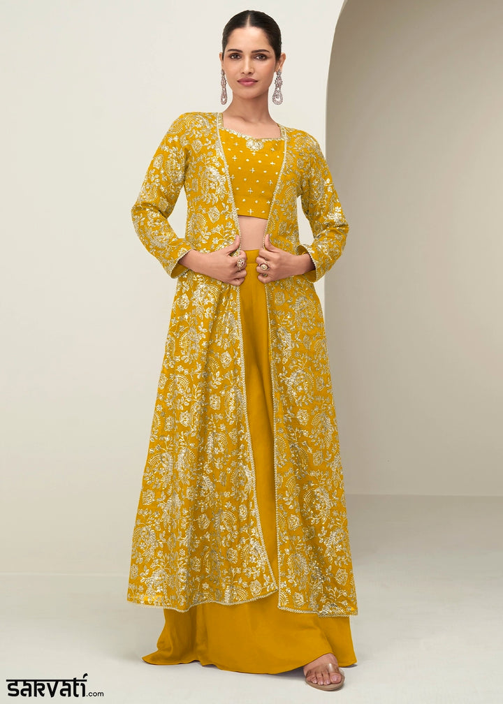 Mustard Yellow Chinon Silk Embroidered Long Jacket Palazzo Set