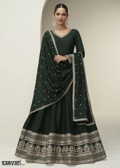 Sacramento Green Silk Anarkali Gown with Embroidery Detailing
