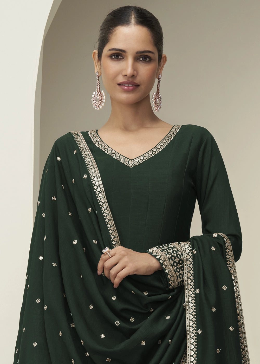 Sacramento Green Silk Anarkali Gown with Embroidery Detailing