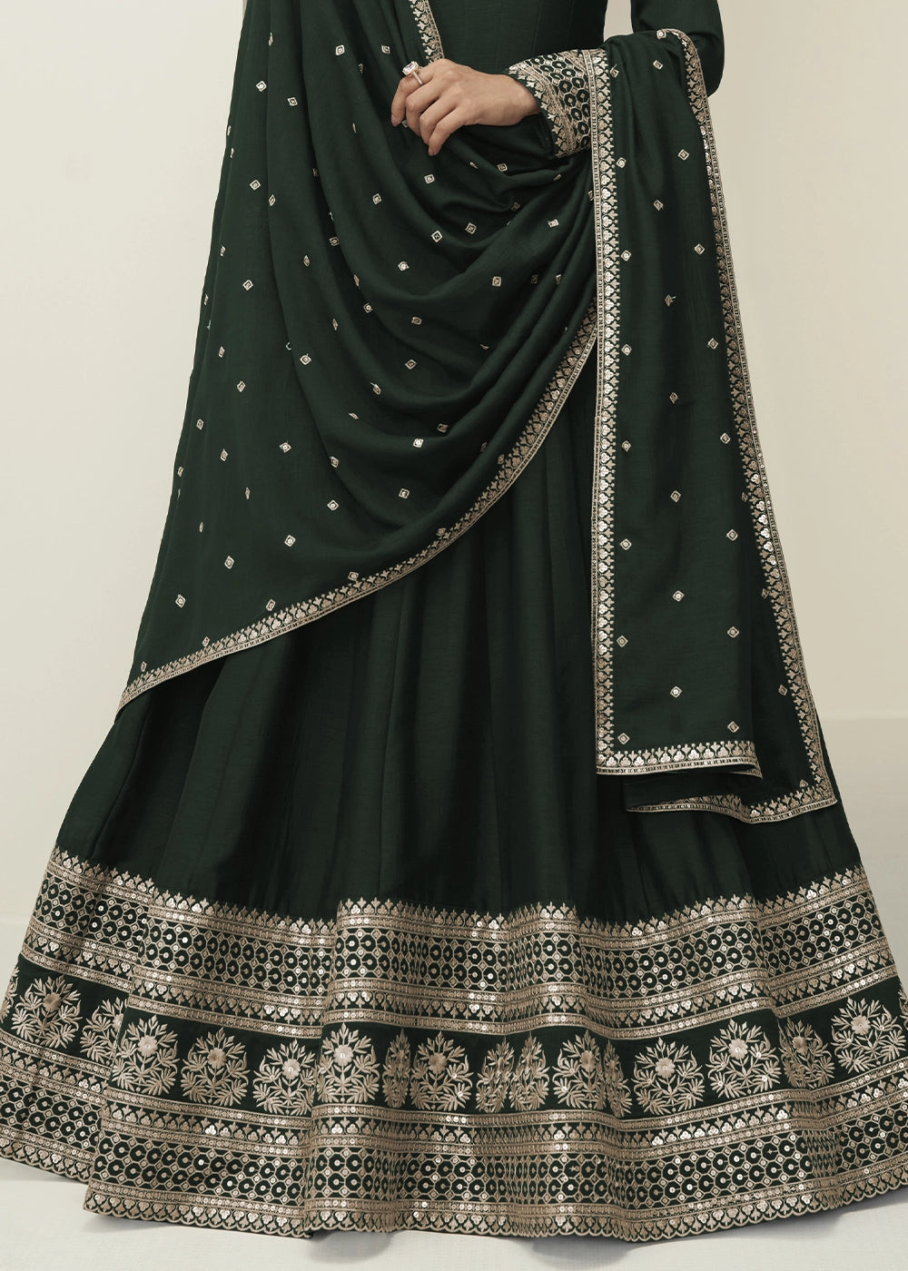 Sacramento Green Silk Anarkali Gown with Embroidery Detailing