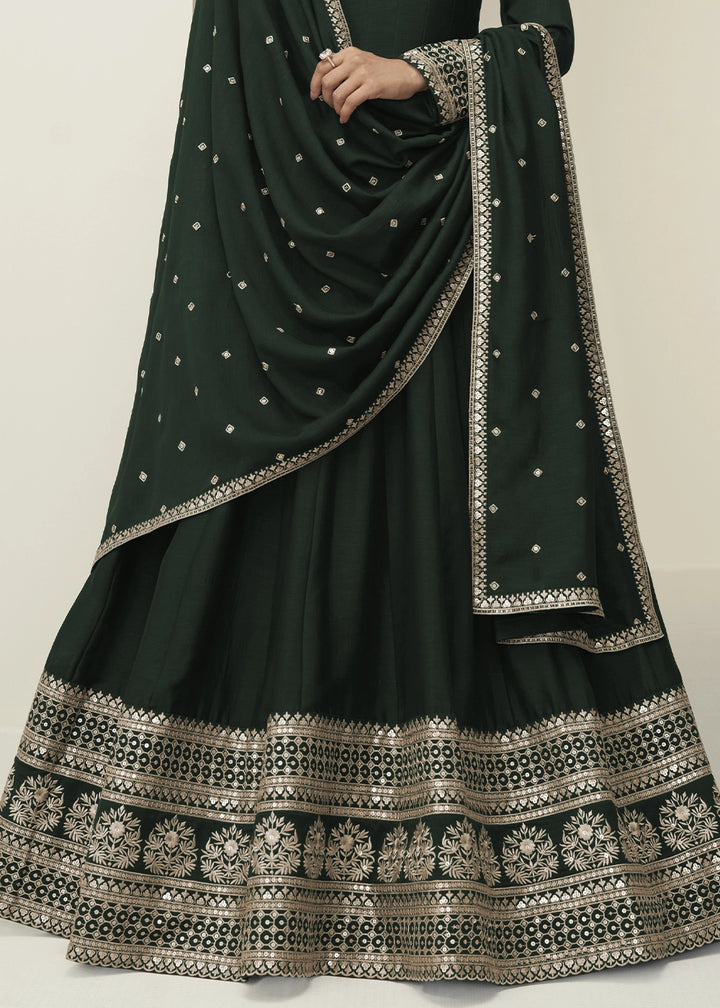 Sacramento Green Silk Anarkali Gown with Embroidery Detailing