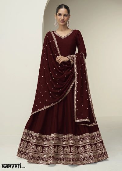 Burnt Umber Brown Silk Anarkali Gown with Embroidery Detailing