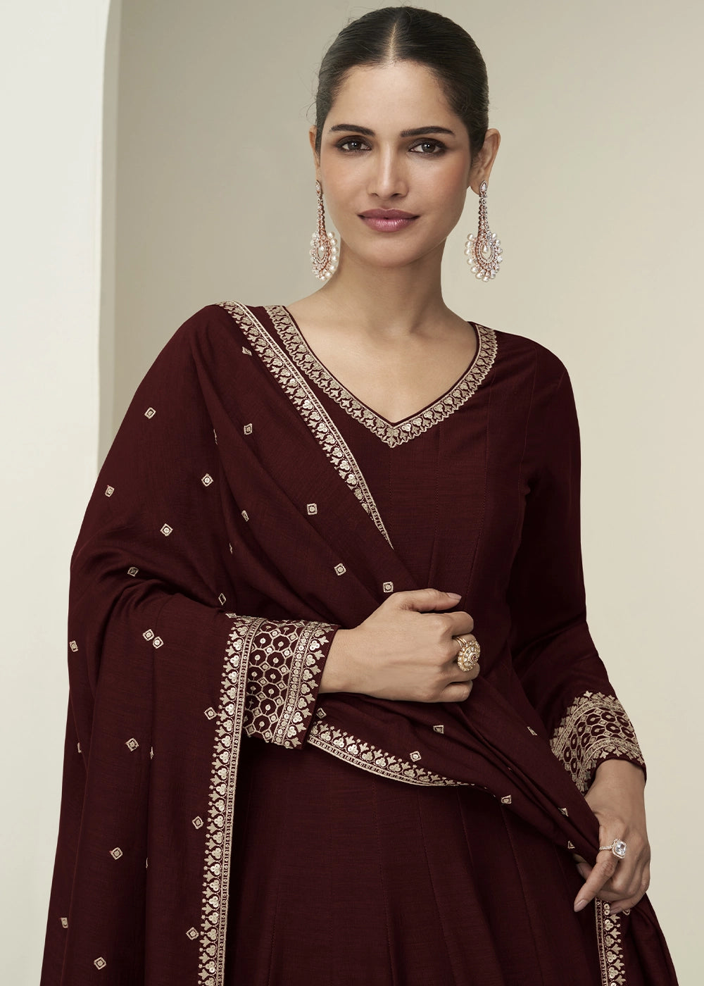 Burnt Umber Brown Silk Anarkali Gown with Embroidery Detailing