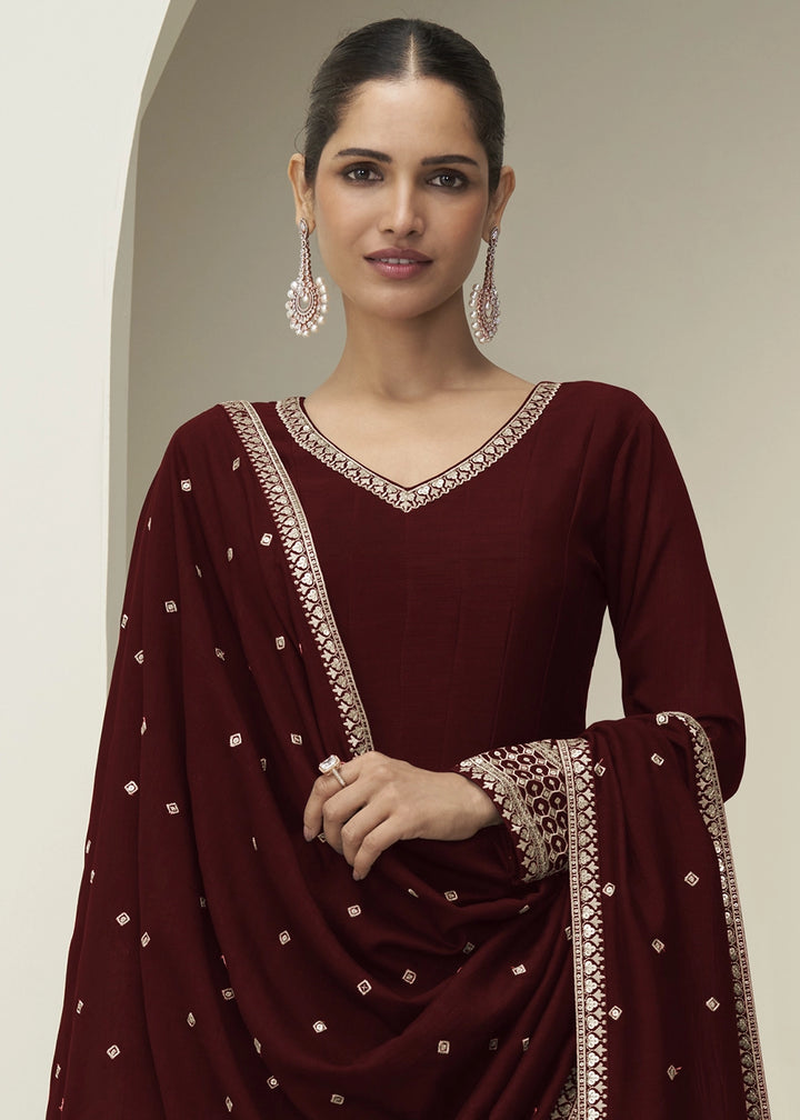 Burnt Umber Brown Silk Anarkali Gown with Embroidery Detailing