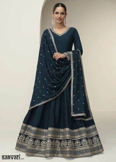 Prussian Blue Silk Anarkali Gown with Embroidery Detailing