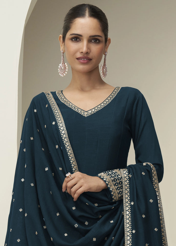 Prussian Blue Silk Anarkali Gown with Embroidery Detailing