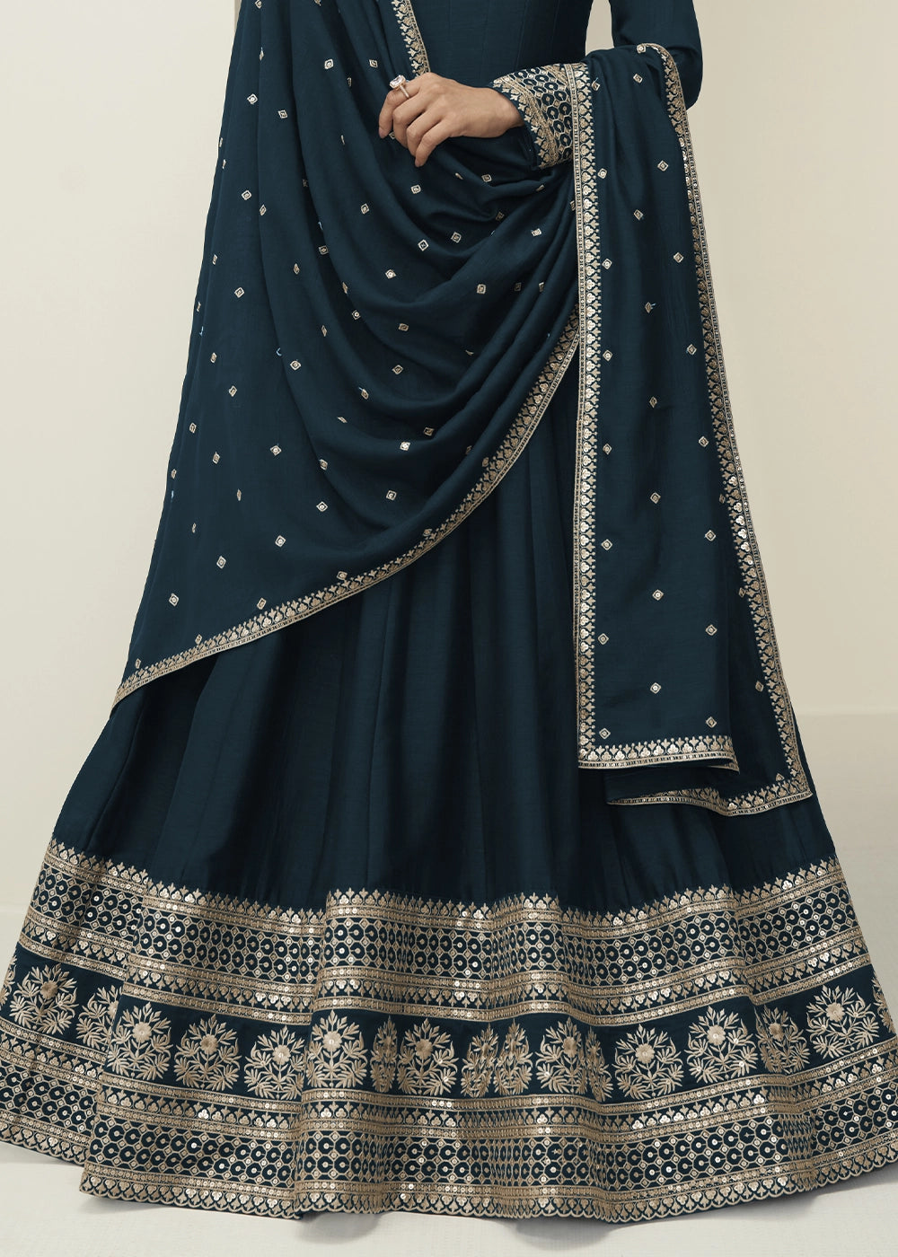 Prussian Blue Silk Anarkali Gown with Embroidery Detailing