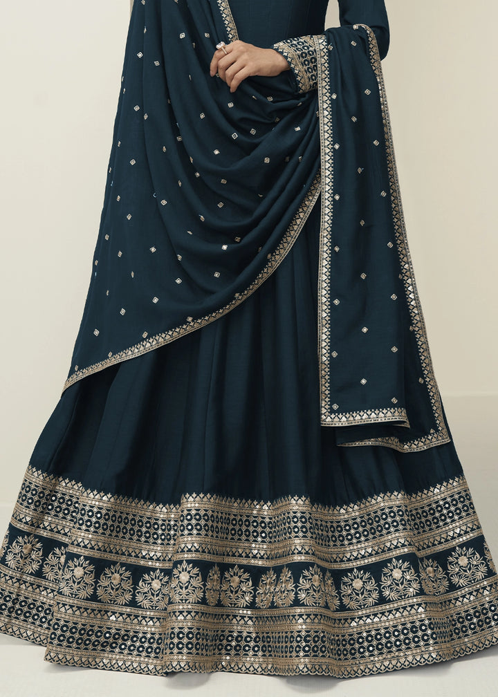 Prussian Blue Silk Anarkali Gown with Embroidery Detailing
