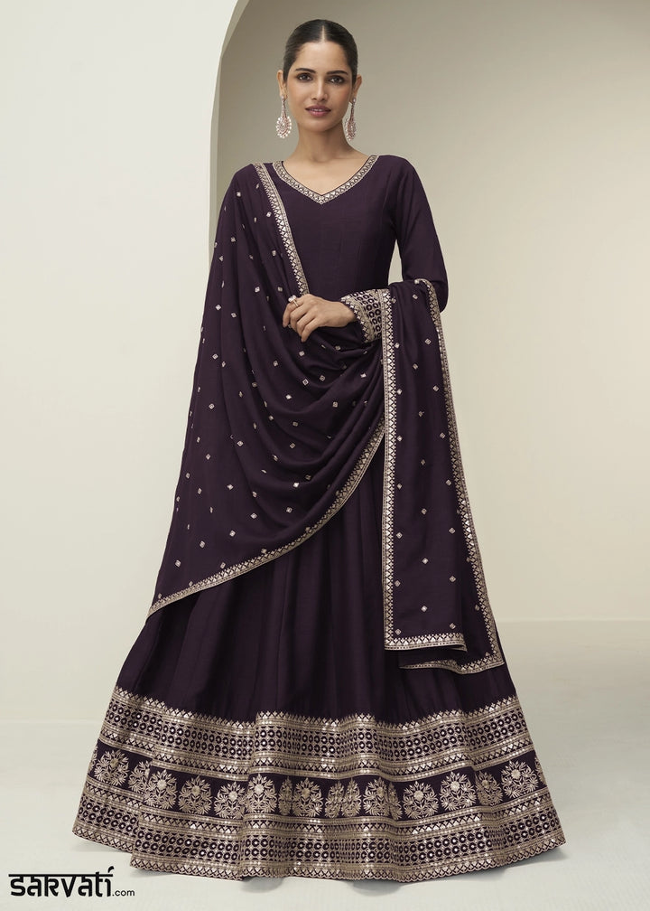 Rasin Purple Silk Anarkali Gown with Embroidery Detailing