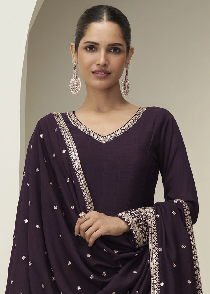 Rasin Purple Silk Anarkali Gown with Embroidery Detailing