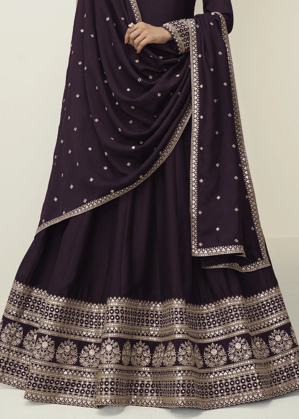 Rasin Purple Silk Anarkali Gown with Embroidery Detailing
